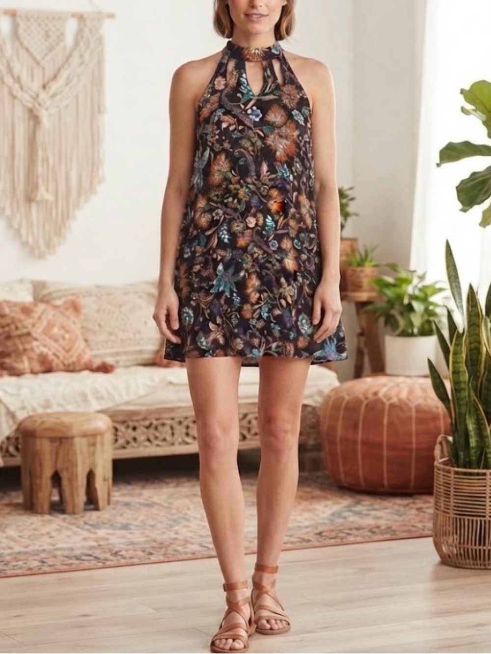 XHILARATION floral paisley gauzy cutout choker neckline halter midi dress size M